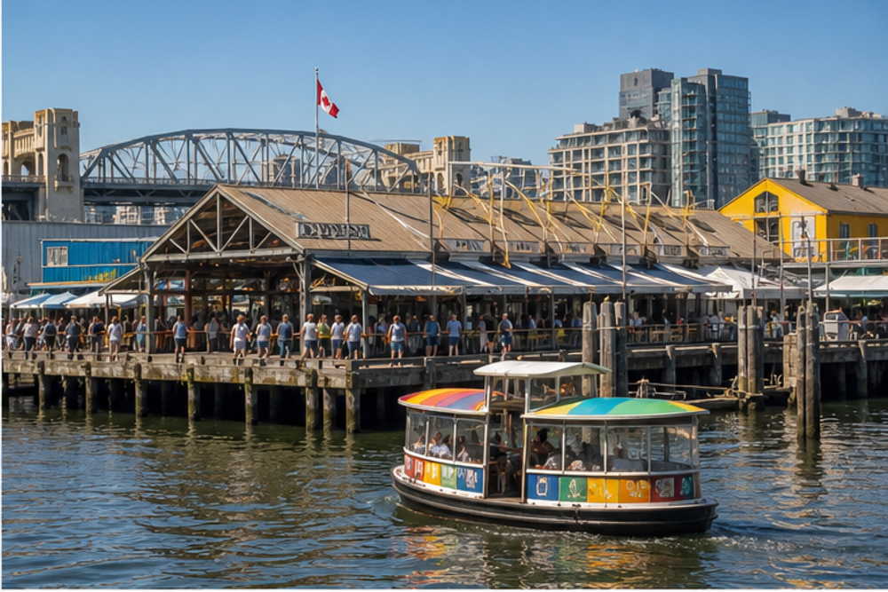 Granville Island market buildings and a False Creek mini ferry in Vancouver