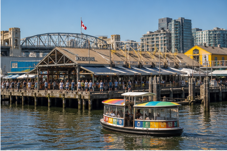 Granville Island market buildings and a False Creek mini ferry in Vancouver