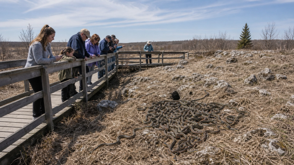 Watch tens of thousands of snakes emerge at Narcisse Snake Dens, Canada