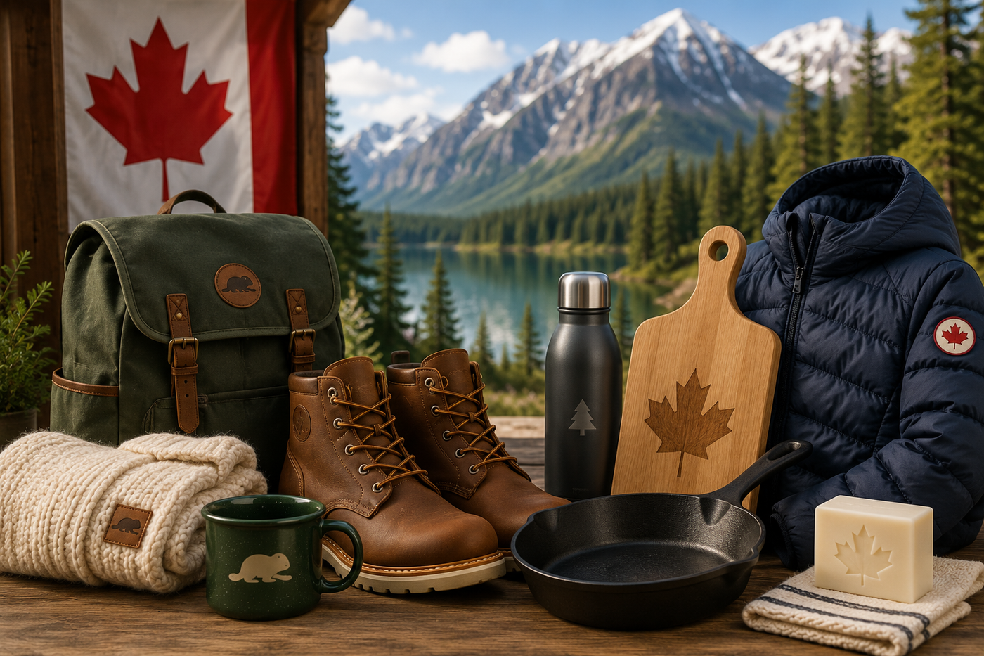 Canadian-made and Canadian-loved goods including boots, wool clothing, cookware, a cutting board, a bottle, and outdoor gear in a mountain cabin setting.
