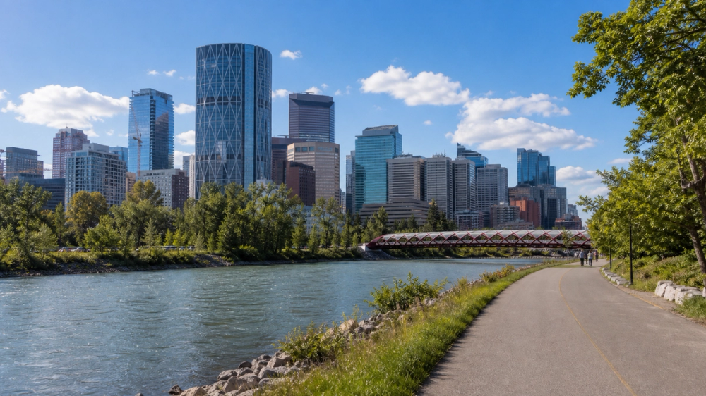 Calgary skyline and Bow River pathway at sunset