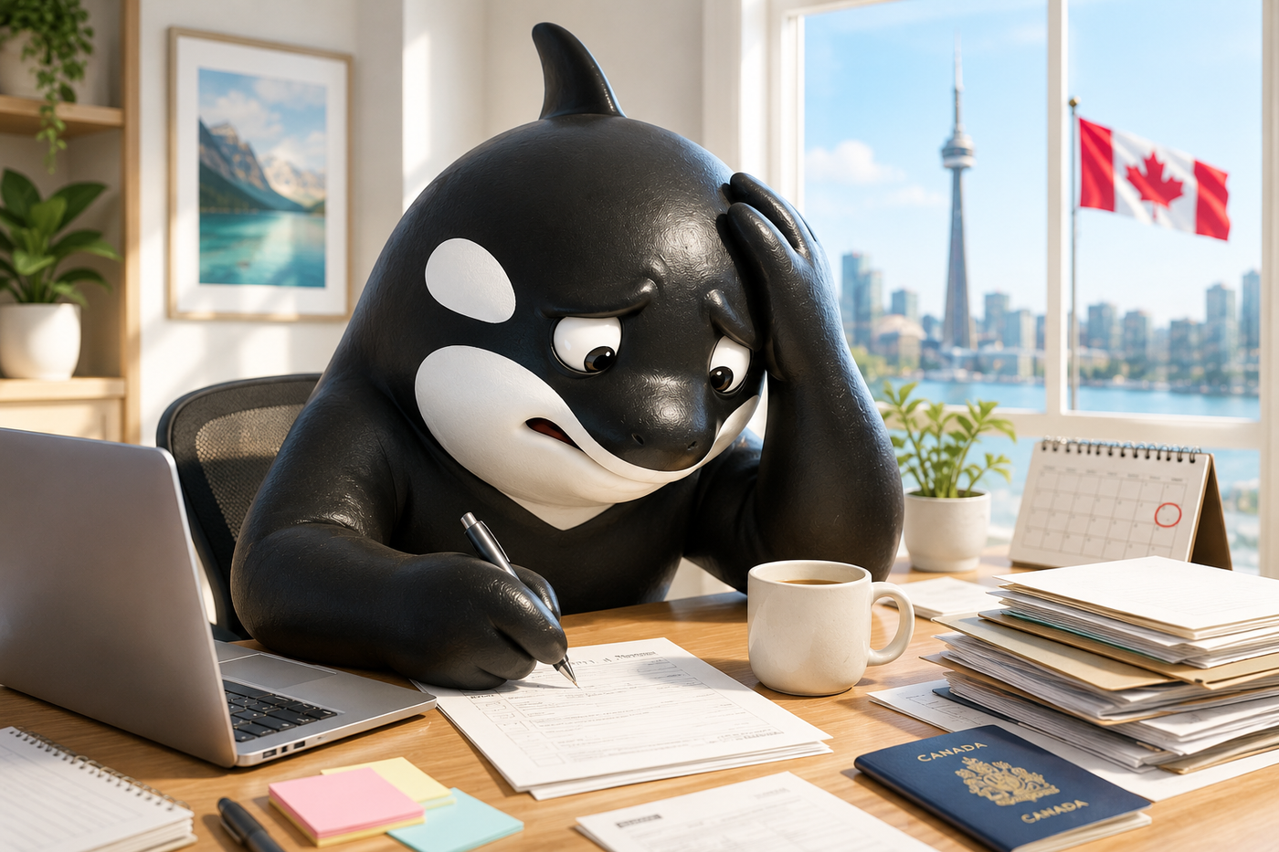 Newcomer permanent residence planning scene with documents, laptop, phone, and checklist