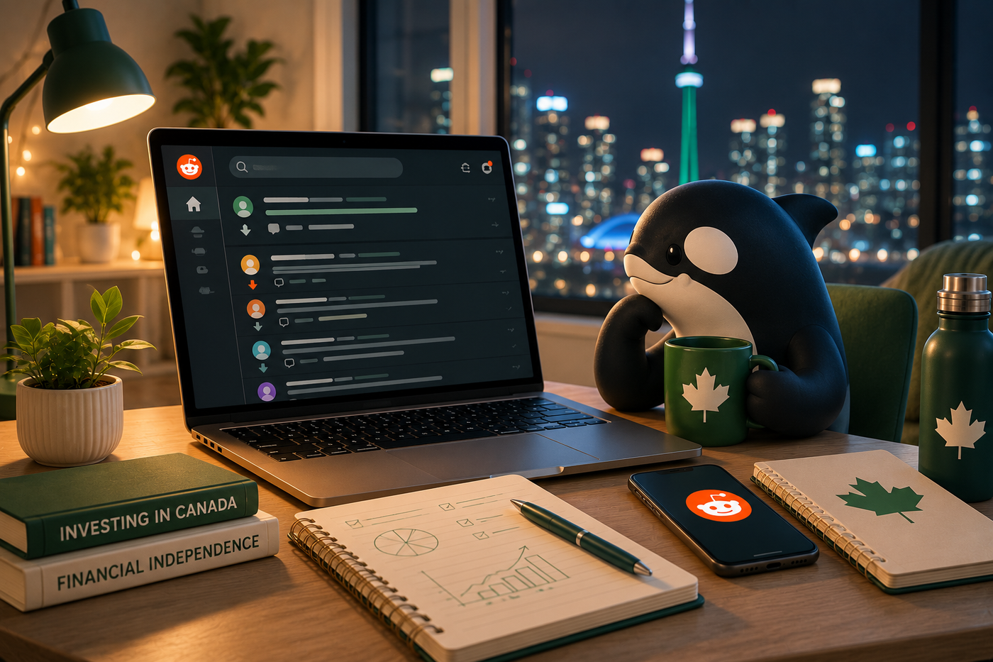 Orqa reading Canadian personal finance subreddit discussions on a laptop at night with Toronto skyline.