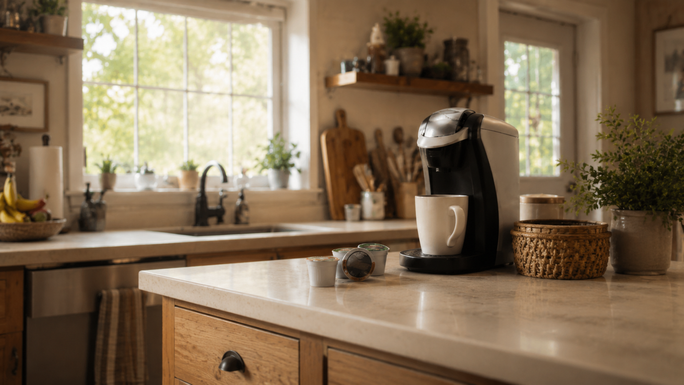 A coffee machine with some pods on a kitchen counter.