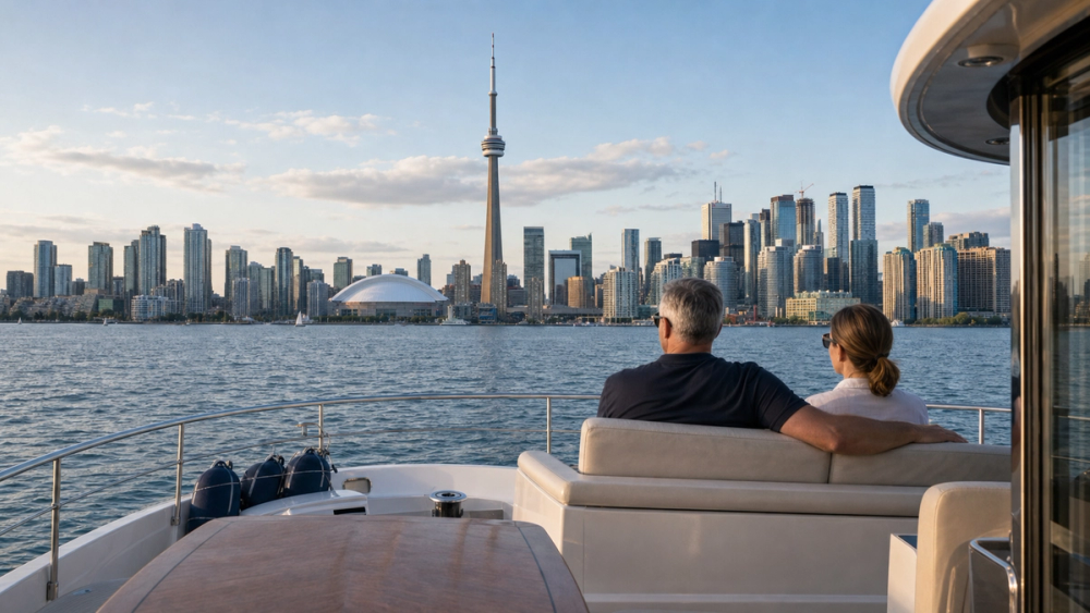 Private yacht on Lake Ontario with skyline views, Canada