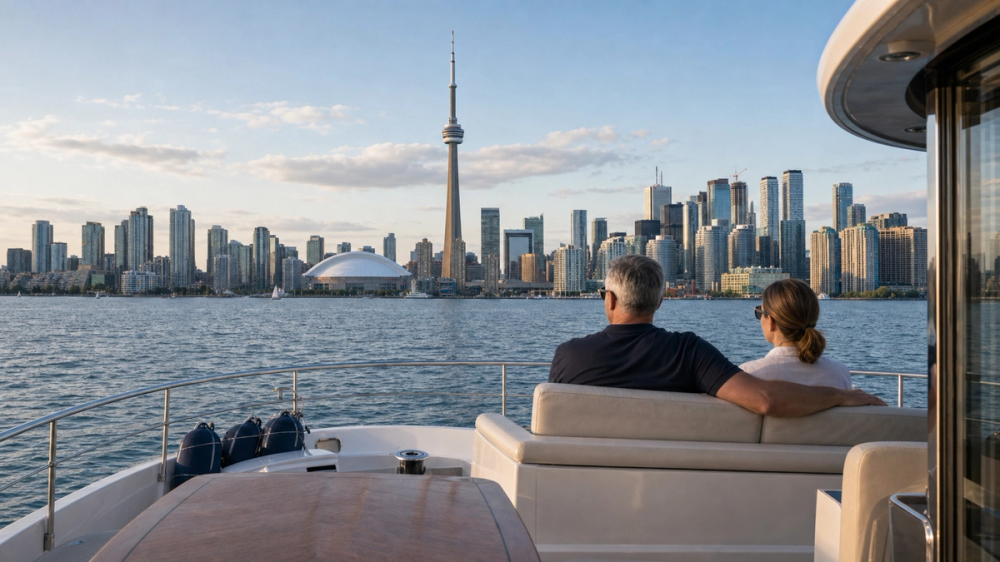 Private yacht on Lake Ontario with skyline views, Canada
