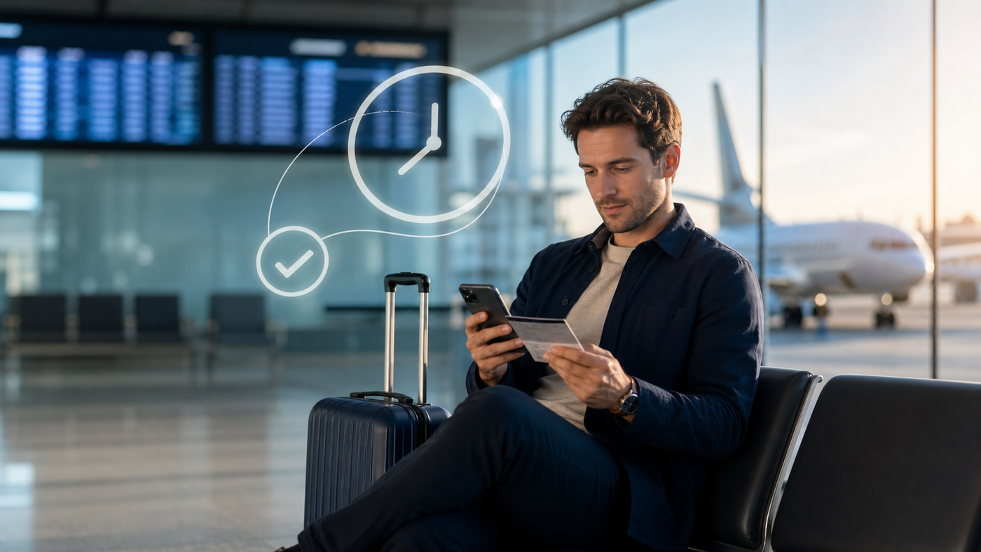 Traveller checking flight details beside carry-on luggage in an airport after a delay