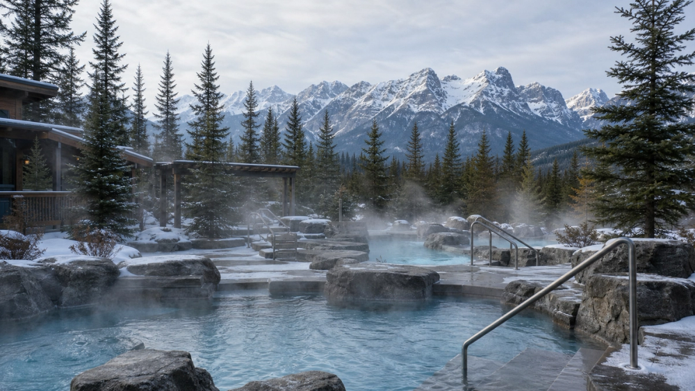 Steaming outdoor Nordic spa pools in Kananaskis Country