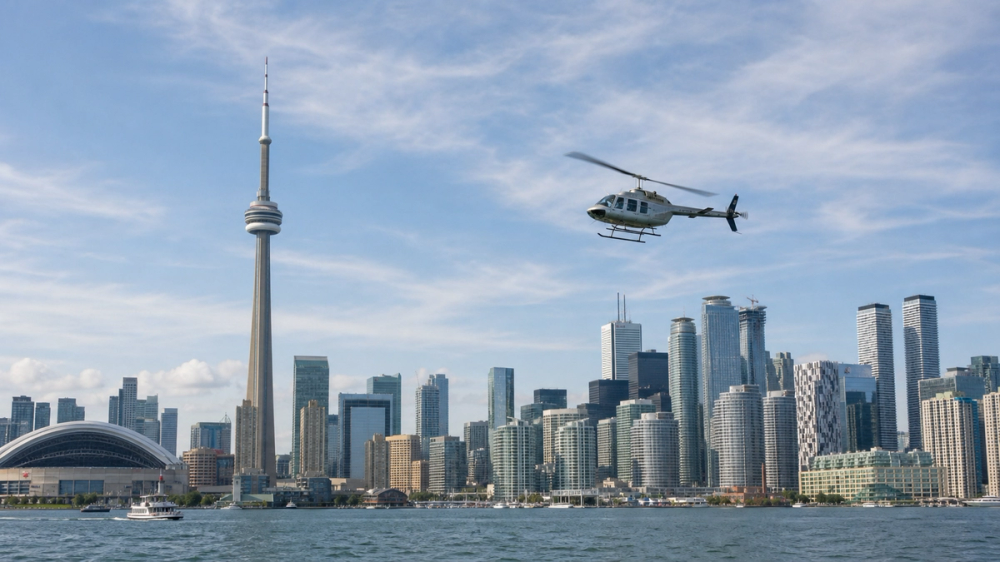 Private helicopter over the CN Tower and waterfront, Canada