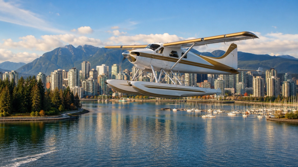 A seaplane lifting above Vancouver Harbour with downtown towers and the North Shore mountains behind it