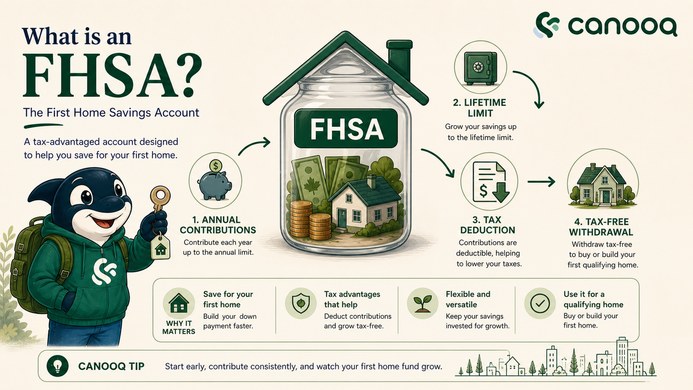 FHSA house-shaped savings jar with Orqa holding a key
