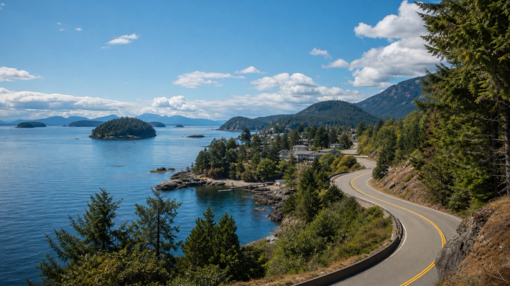 A curving coastal road above blue water and islands on the Sunshine Coast near Gibsons and Sechelt