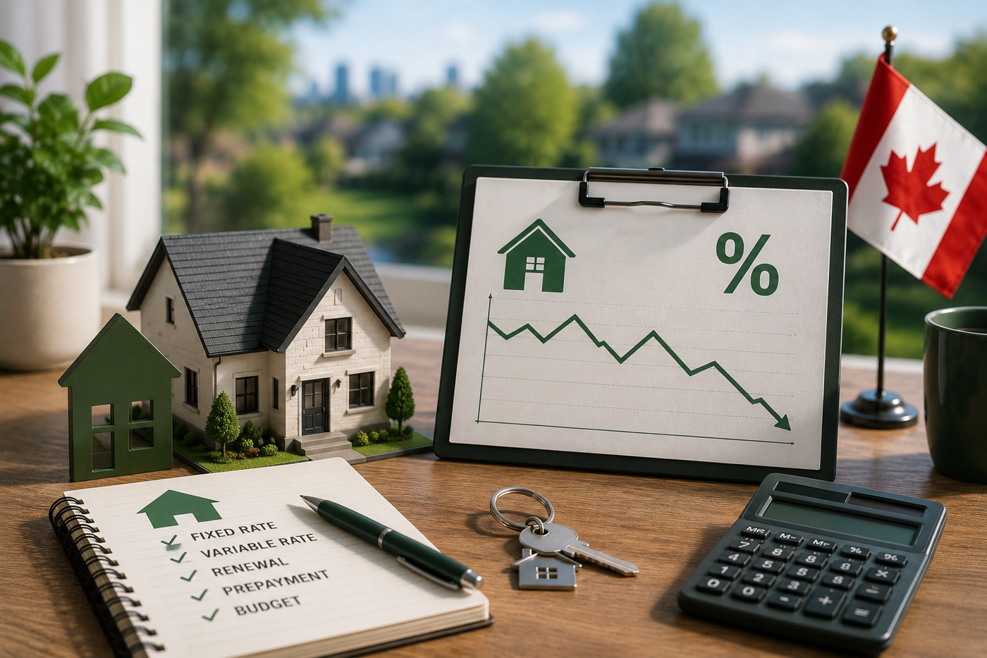 Canadian mortgage rate planning scene with house model, rate chart, calculator, keys, and Canadian flag.