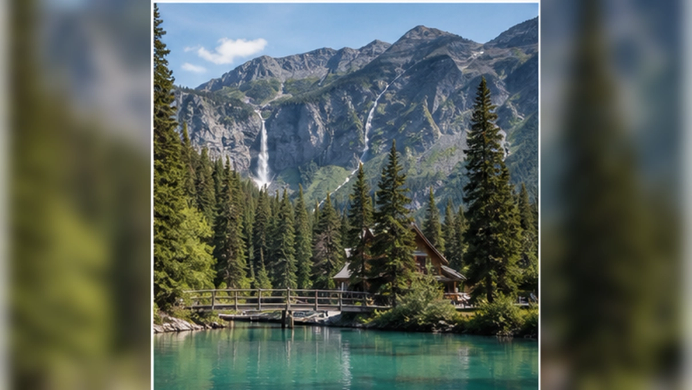 Emerald lake and waterfall scenery in Yoho National Park