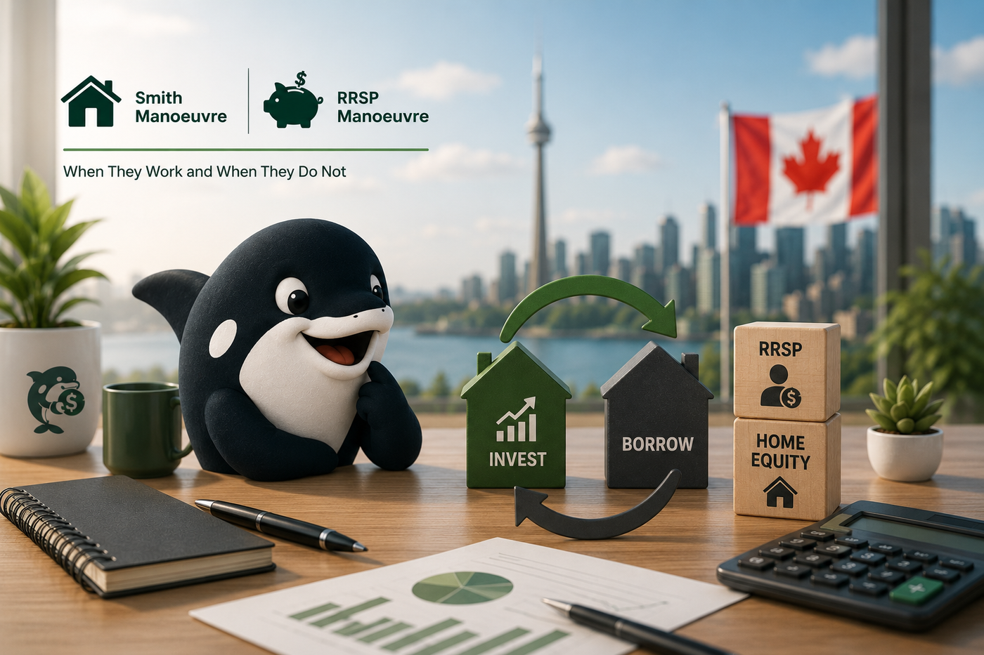 Smith Manoeuvre hero image with home equity, borrow, invest, and Canadian finance symbols.