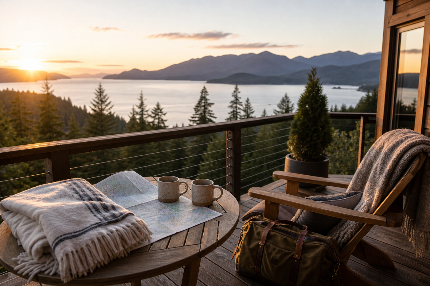 Romantic weekend getaway from Vancouver with a balcony, ocean inlet, mountains, blanket, mugs, and travel map