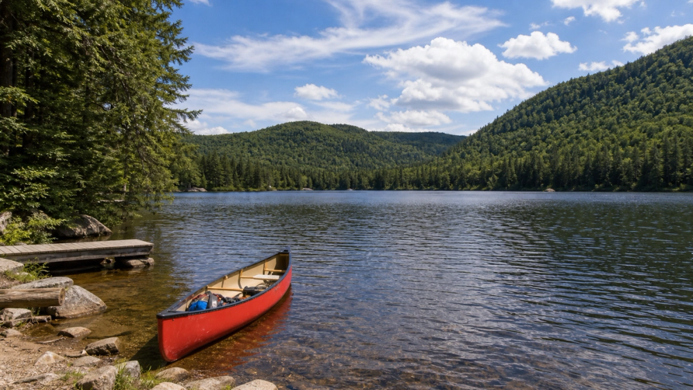 Canoe on a forested lake in La Mauricie National Park