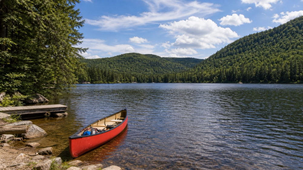 Canoe on a forested lake in La Mauricie National Park