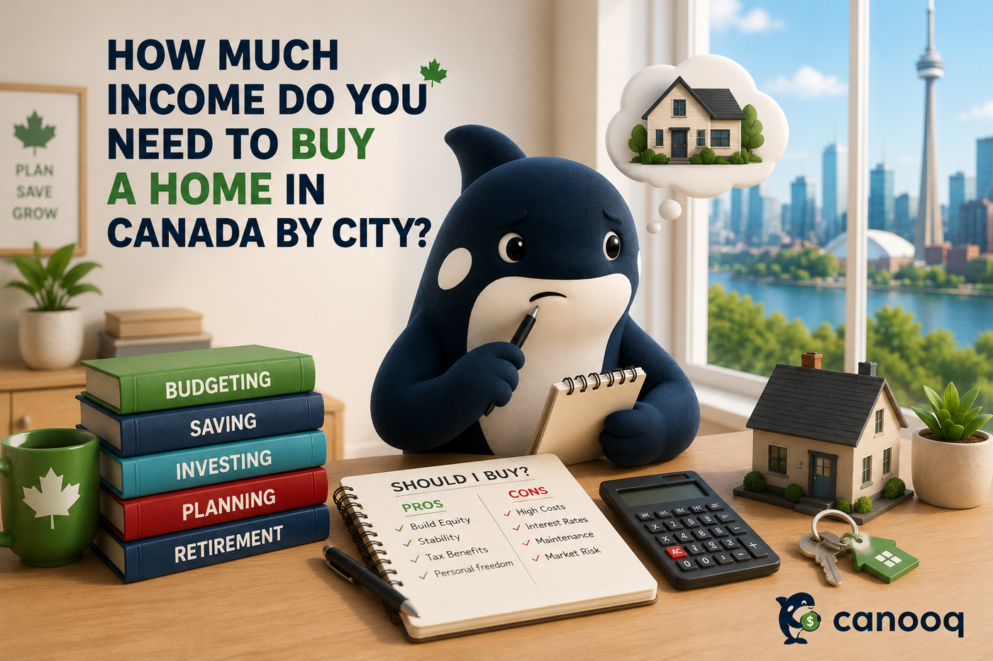 Canadian city skyline and homes illustrating the income needed to buy a home in Canada