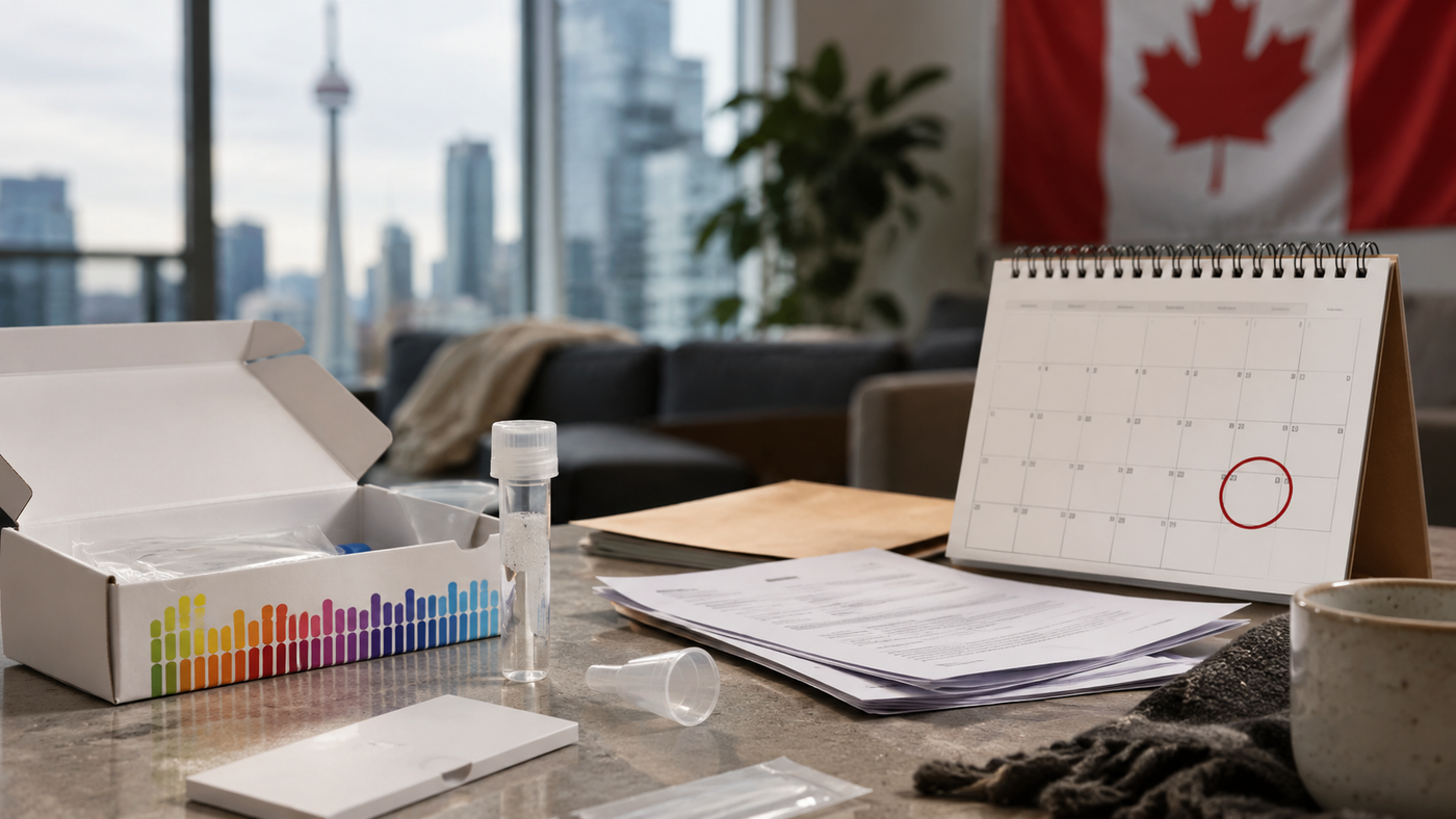 Genetic testing kit, paperwork, and a calendar deadline on a table in a Canadian apartment