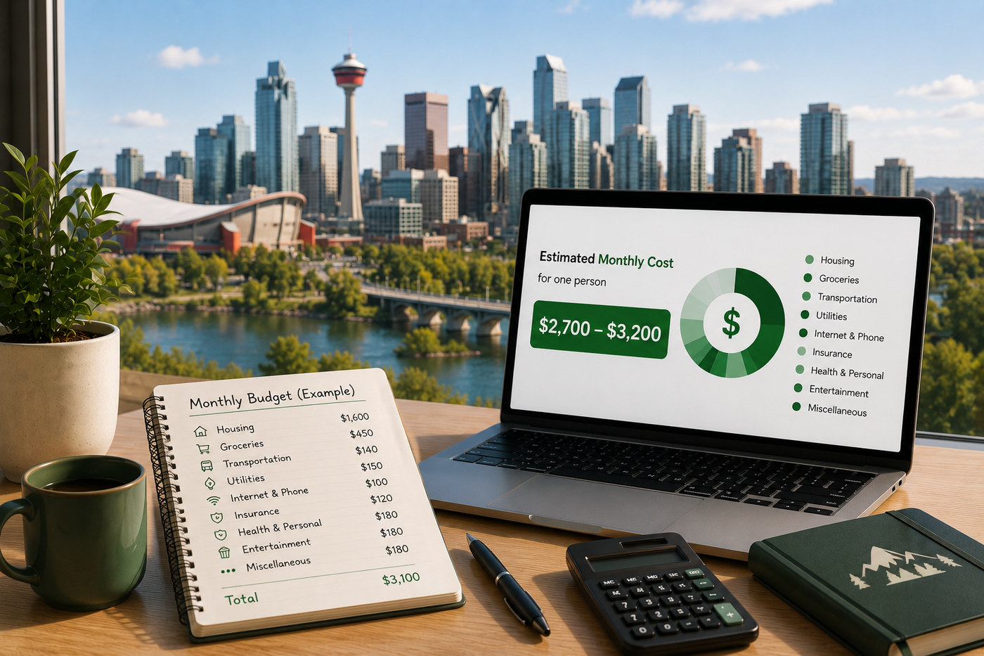Calgary cost of living budget scene with skyline, laptop, notebook, and calculator.