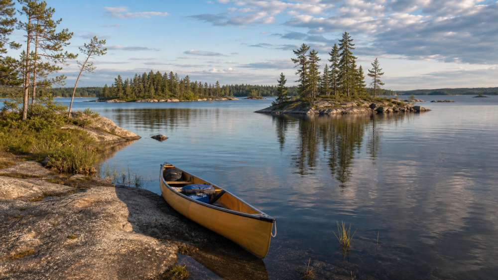 Canoe route through islands and spruce forest in Lac La Ronge Provincial Park