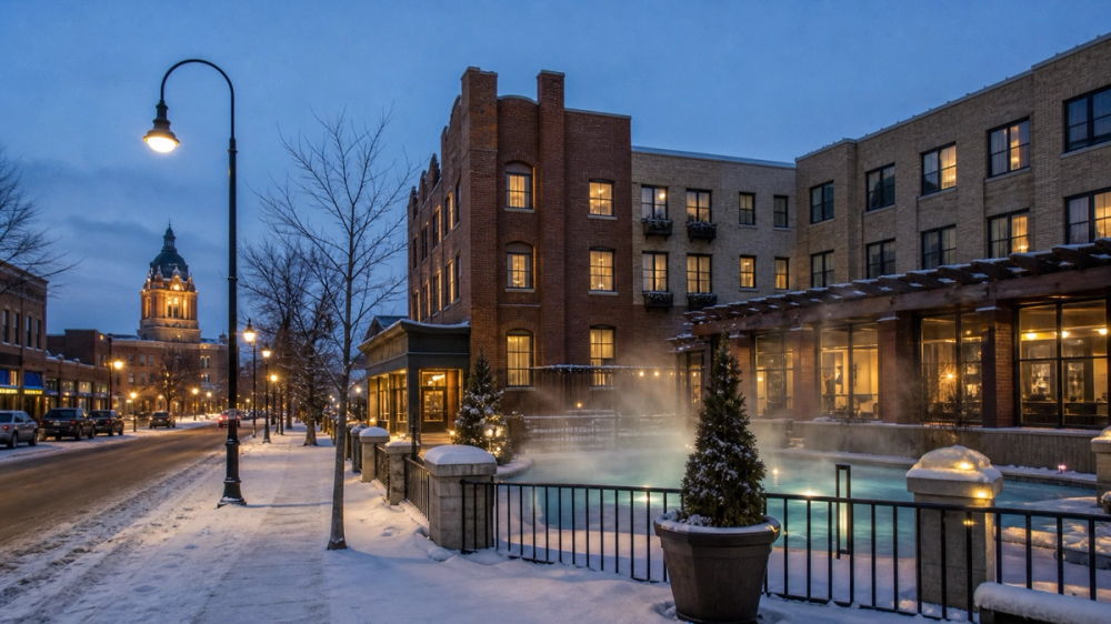 Winter evening outside Temple Gardens Hotel and Spa in downtown Moose Jaw