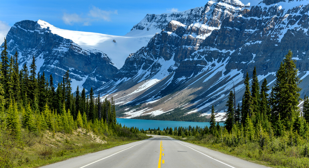 Icefields Parkway winding through the Rocky Mountains in Alberta