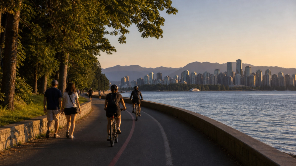 Sunset walk or ride on the Stanley Park Seawall, Canada