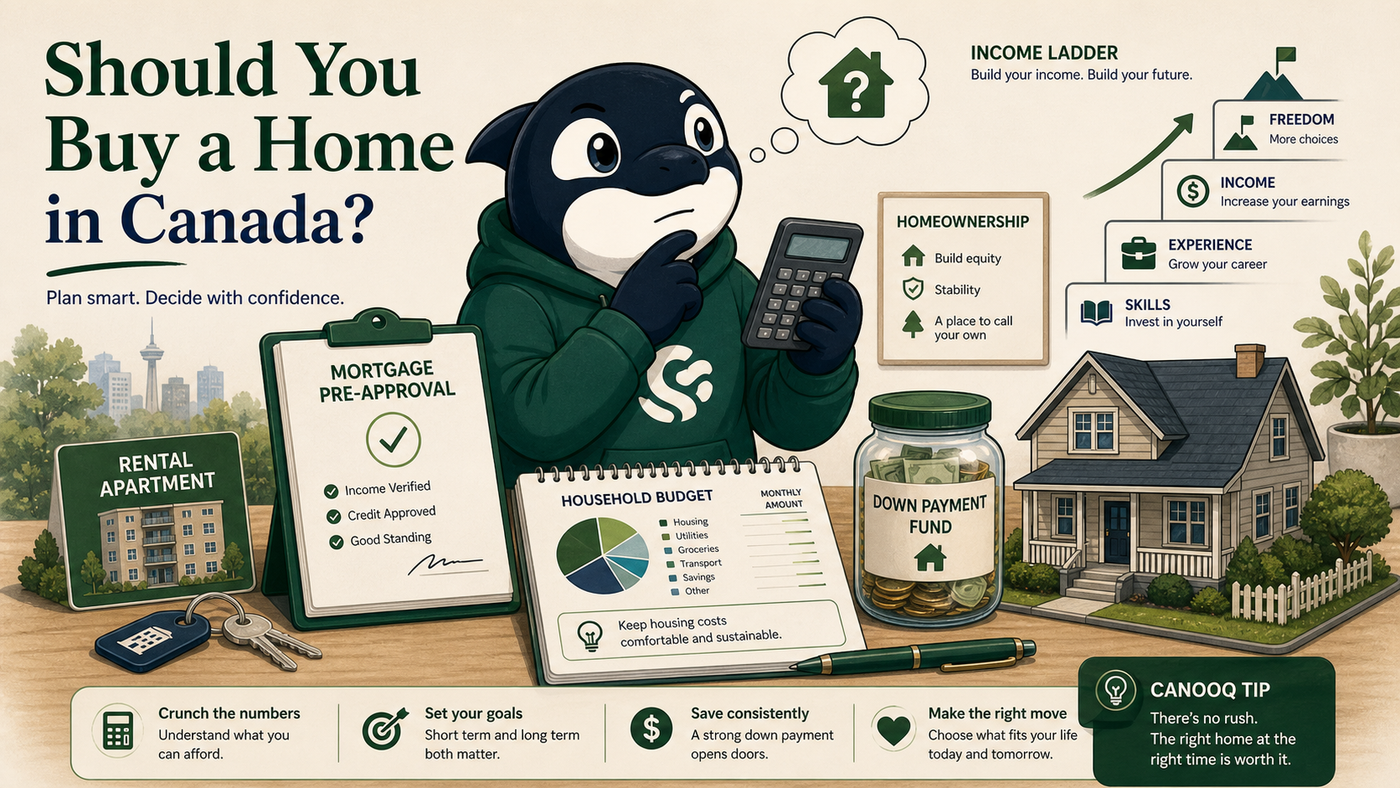 Home buying readiness scene with a small house model, keys, calculator, and savings jar