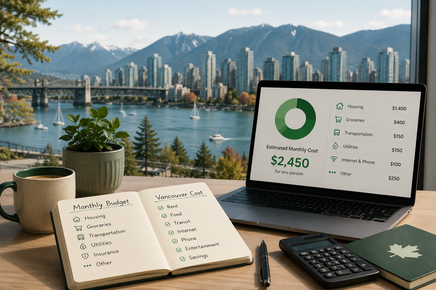 Vancouver cost of living budget scene with skyline, mountains, notebook, calculator, and laptop showing estimated monthly costs.