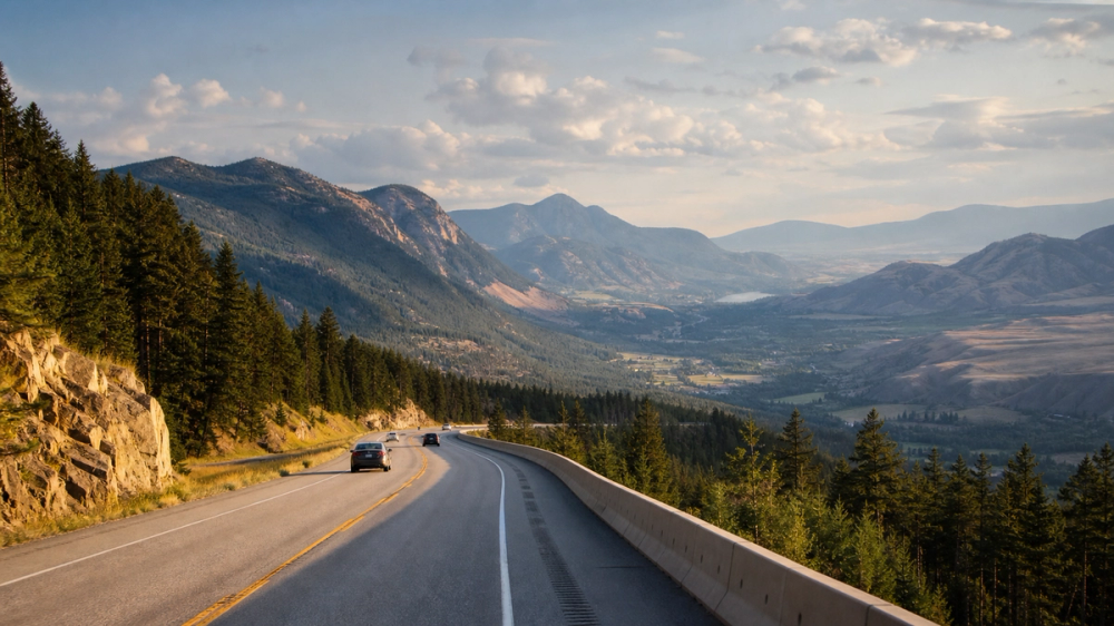 A mountain highway descending toward a broad interior valley on the drive from Vancouver to Kelowna