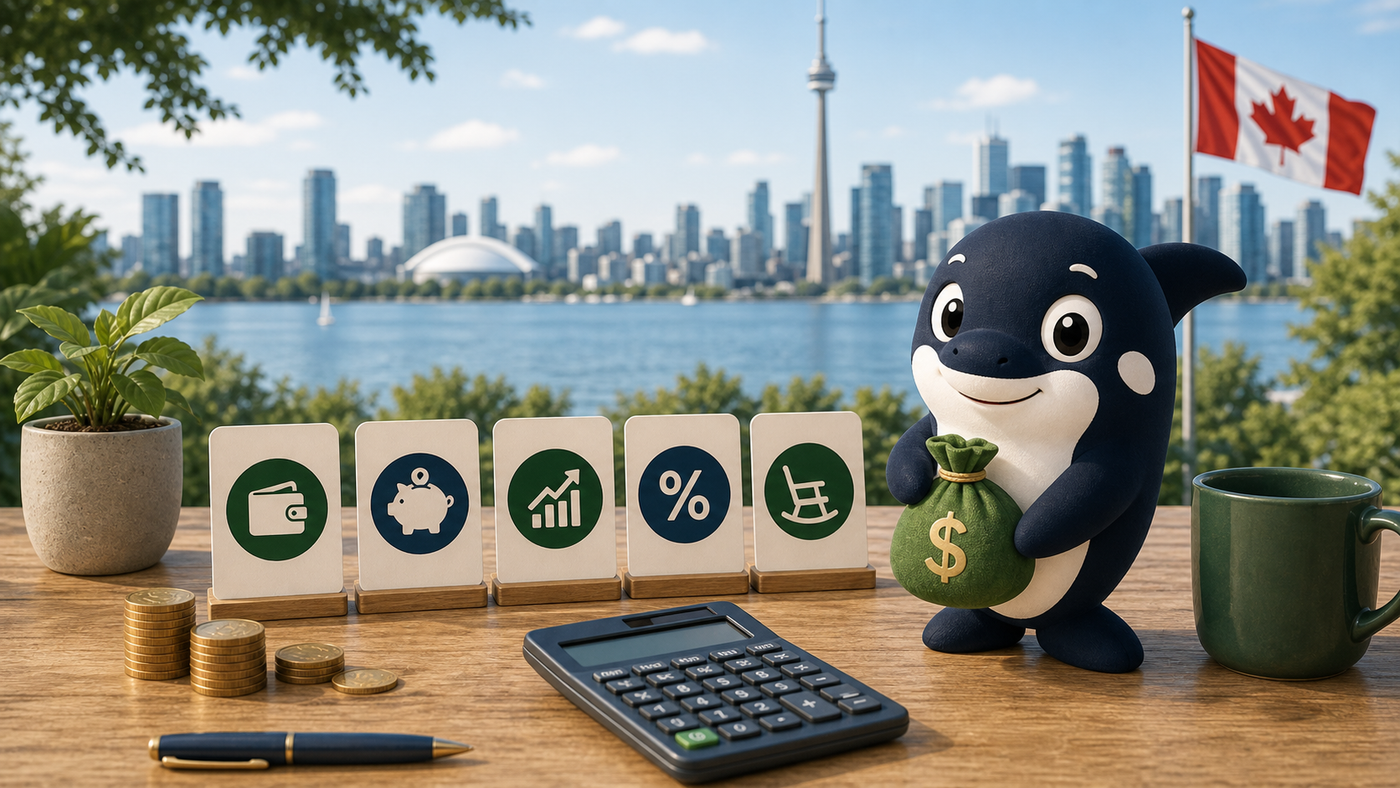 Canadian finances 101 beginner scene with icons for budgeting, saving, investing, banking, taxes, housing, and insurance.
