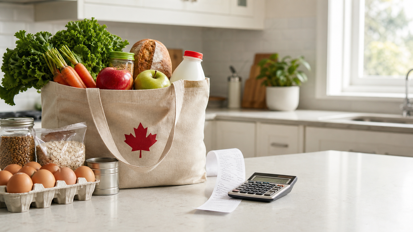 Reusable grocery bag filled with fresh food beside a receipt and calculator on a kitchen counter