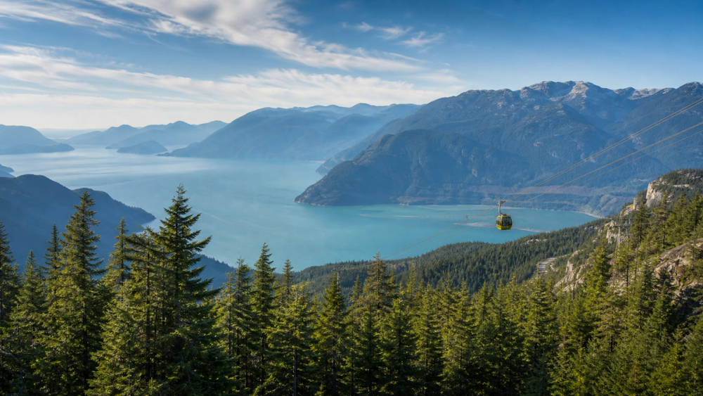 Howe Sound and coastal mountains viewed from the Sea to Sky Gondola area in Squamish