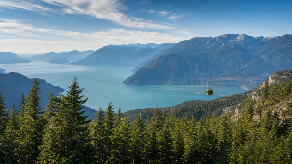 Howe Sound and coastal mountains viewed from the Sea to Sky Gondola area in Squamish