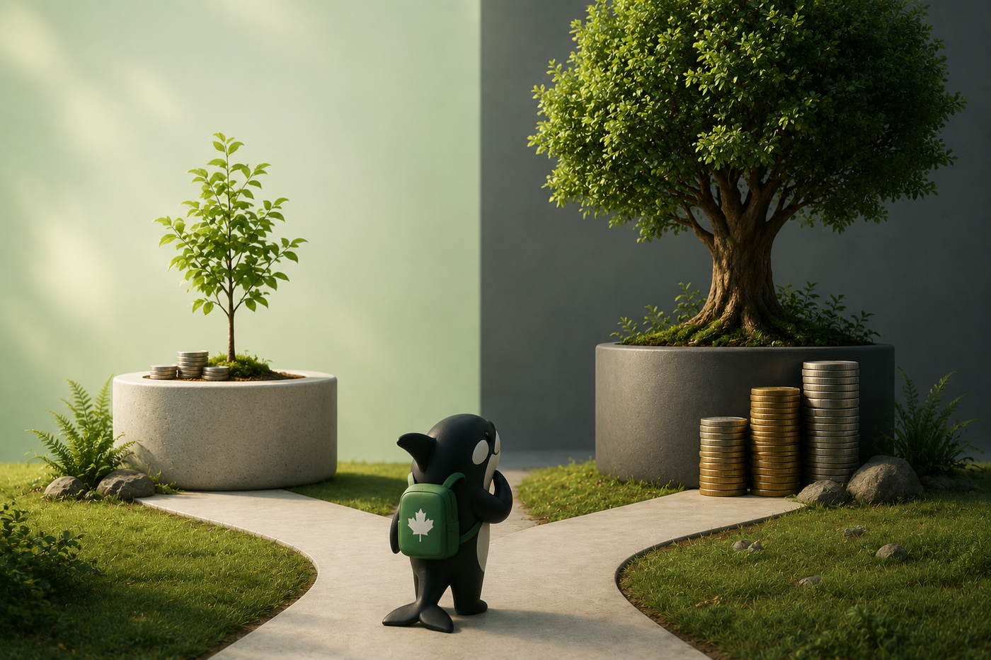 Orqa standing at a fork between a small investment tree and a larger taxable investment tree with coin stacks.