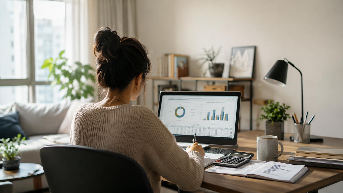 A woman accountant working on household finances at a desk with a laptop, calculator and budget documents.