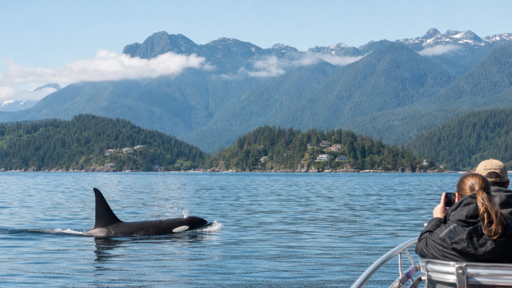 An orca surfacing in the Salish Sea with coastal mountains behind it during a Vancouver whale-watching outing