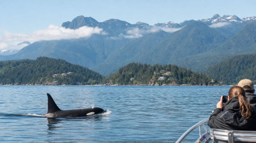 An orca surfacing in the Salish Sea with coastal mountains behind it during a Vancouver whale-watching outing