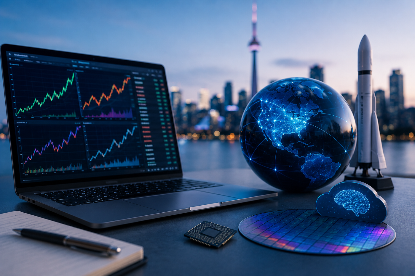 Laptop with stock charts beside a Toronto skyline, glowing globe, rocket model, computer chip, semiconductor wafer, and AI cloud symbol.