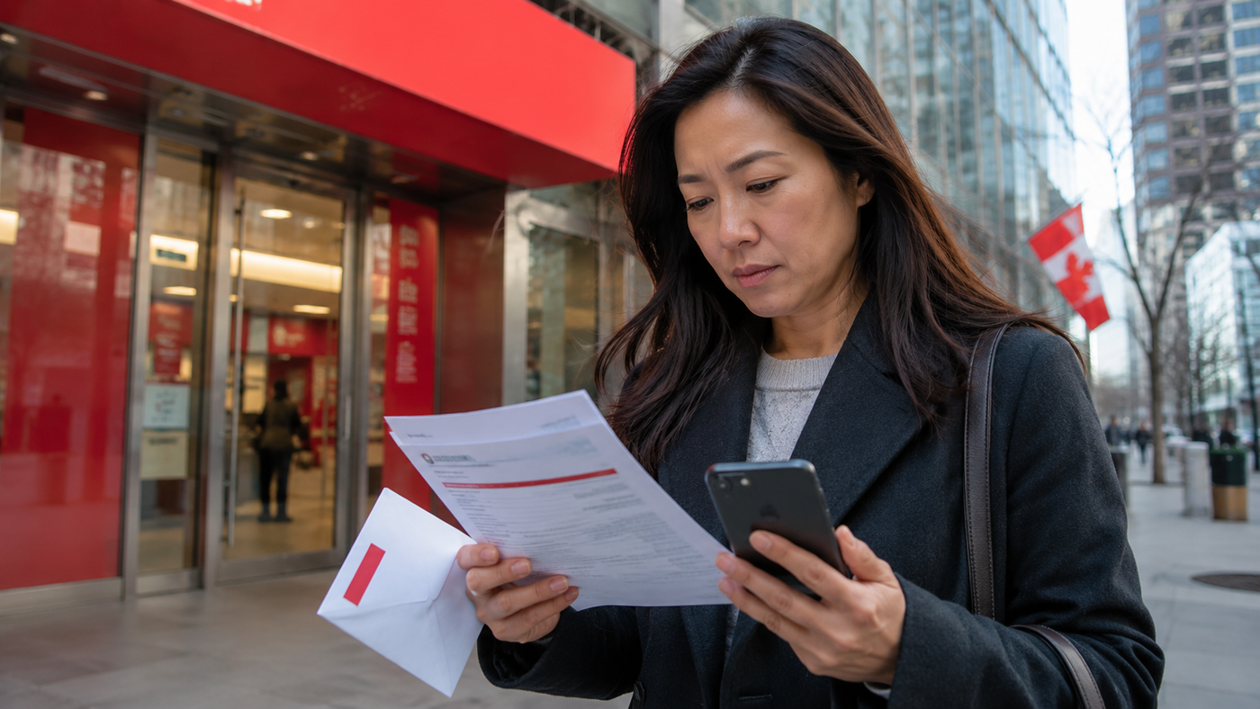 Businesswoman in front of a bank