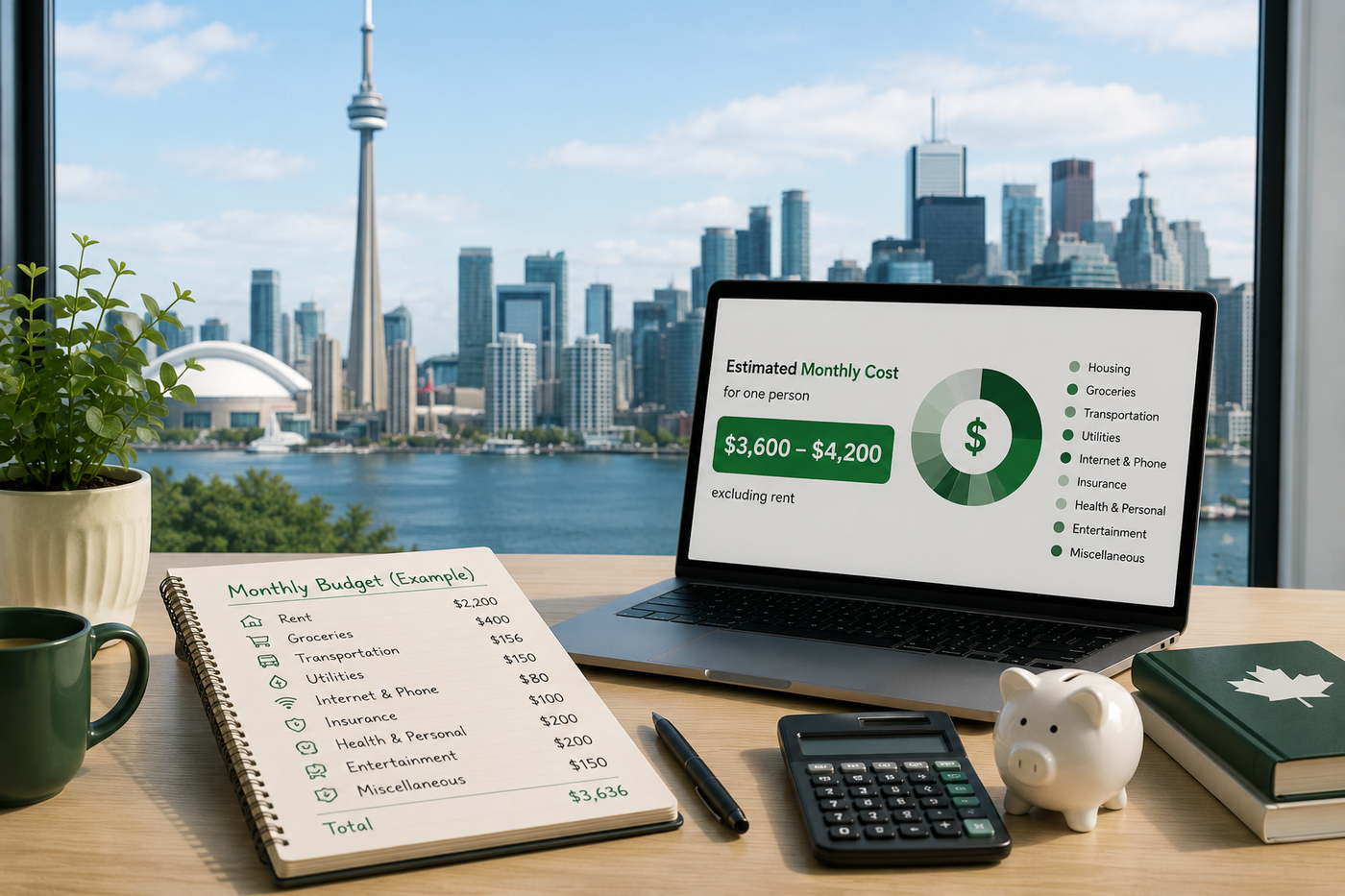 Toronto cost of living budget scene with CN Tower, waterfront, laptop, notebook, and calculator.