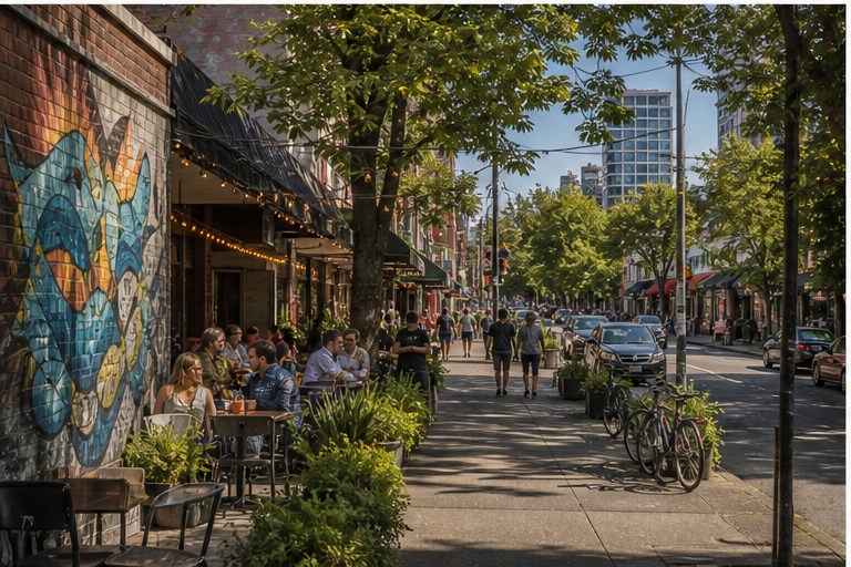 Mount Pleasant and Main Street in Vancouver with restaurants, murals and brewery patios