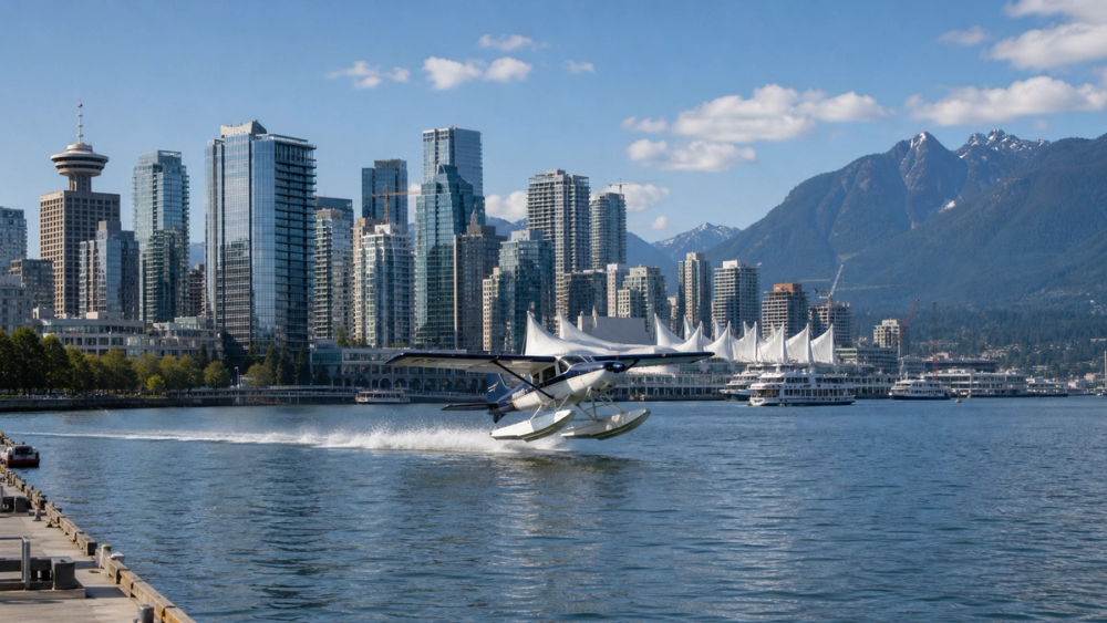 Harbour Air seaplane panorama over city, ocean and mountains, Canada
