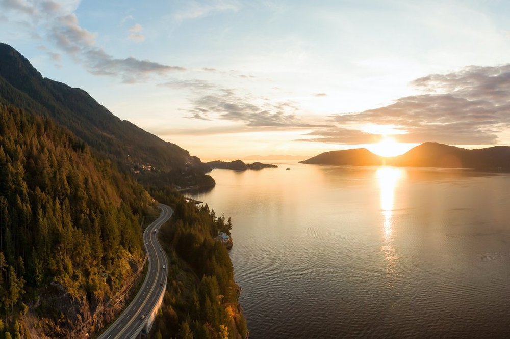 Sea-to-Sky Highway curving beside Howe Sound on the way to Whistler
