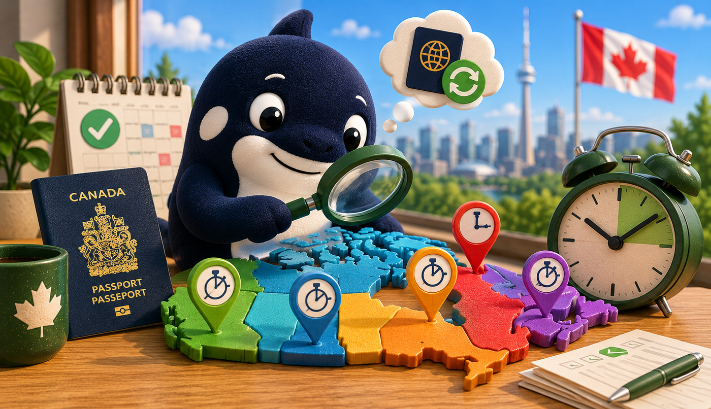 Canadian document and travel planning scene with passport-style paperwork, phone, and checklist