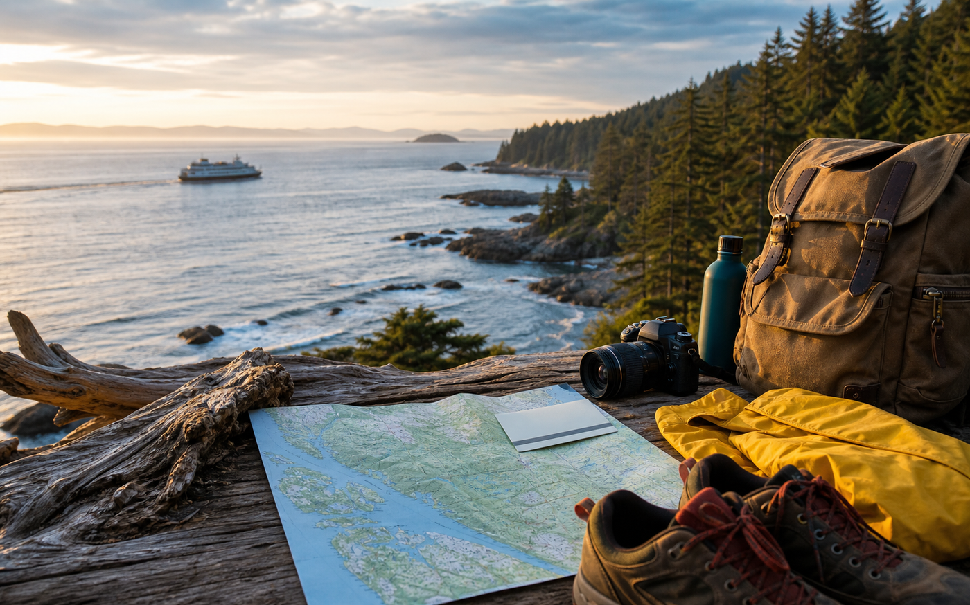 Hiking gear arranged beside a backpack, map, rain jacket, water bottle, boots, and Canadian coastal forest view.
