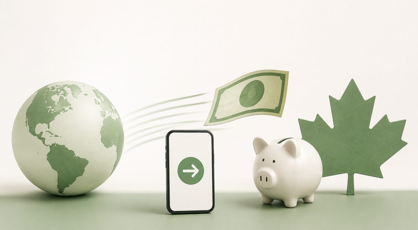 International money transfer to Canada with a phone transfer icon, globe, piggy bank, and maple leaf