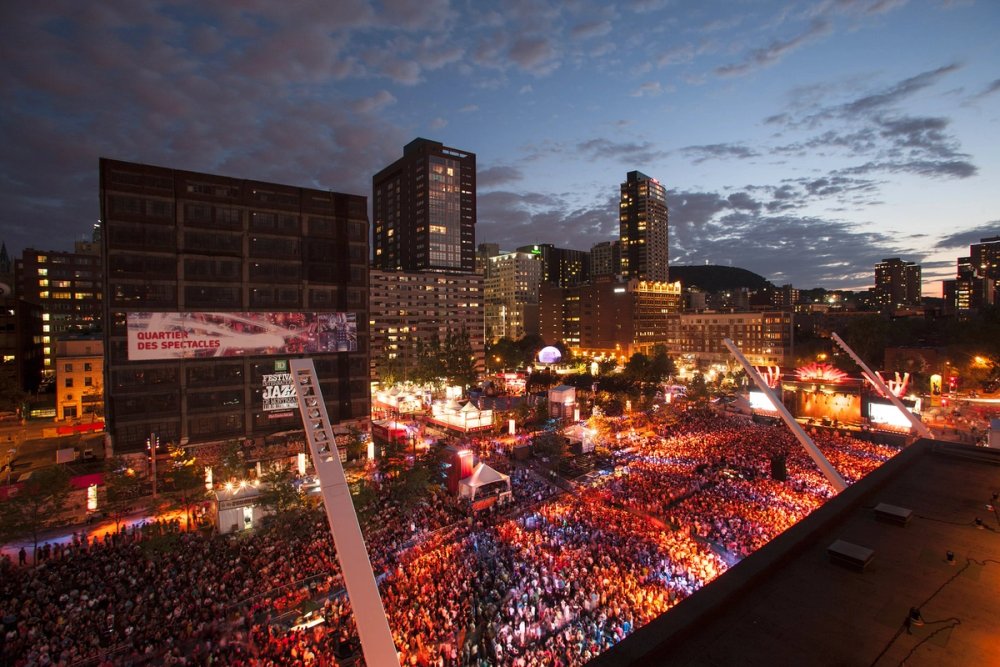 Festival crowds and city streets in Montreal during summer